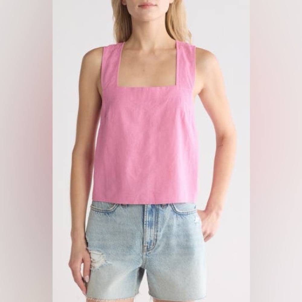 Madewell Linen Blend Square Neck Cross Back Top Pink
